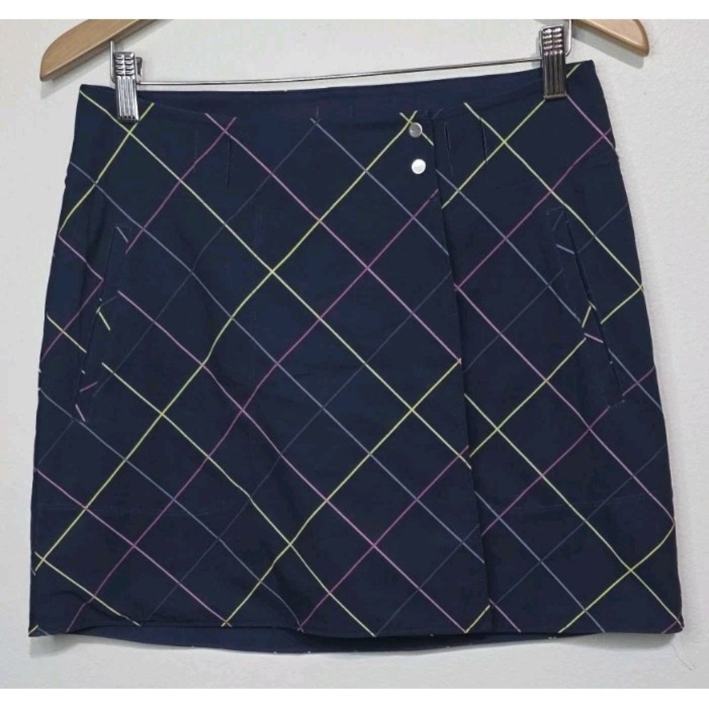 Nike Reversible Wrap Snap Plaid Tennis Golf Skirt Navy Pockets 4 Dri-Fit Woman